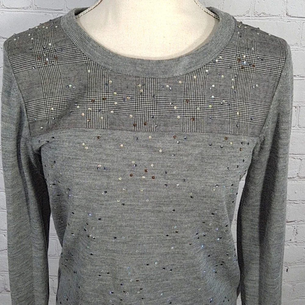 J. Crew Grey Embellished Tippi Glenn Plaid Sweater
